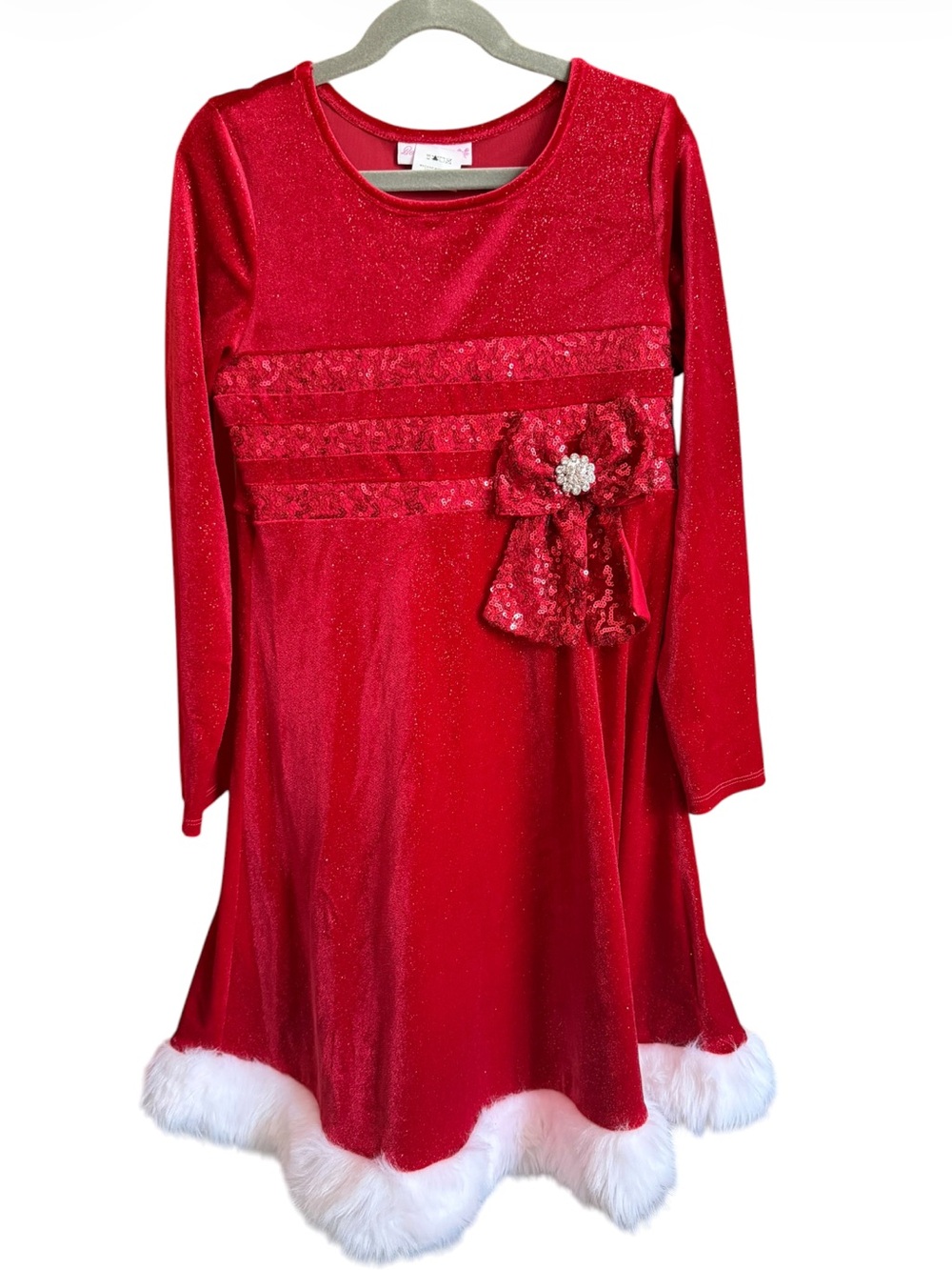 Bonnie Jean Red Velvet Holiday Dress with Faux Fur Trim Size 12